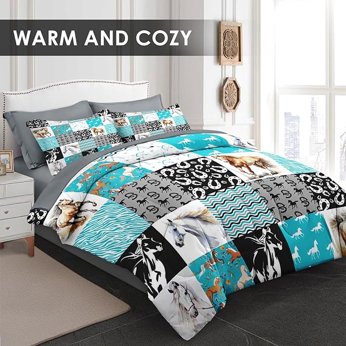 Comforter Set King Size, Brown Horse Painting Bedding for Kids and Adults, White Watercolor Beautiful Bed Sheet Sets with Fitted Sheet 2 Pillowcases & 2 Shams for Bedroom Bed Decor