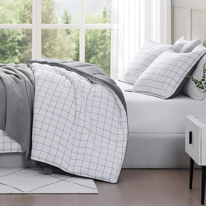 Casa Platino Queen Comforter Set - Pre-Washed Duvet Insert & 2 Pillow Shams - Brushed Microfiber Windowpane