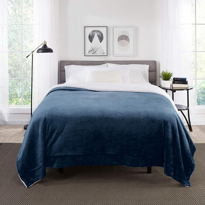 Genteele Sherpa Throw Blanket Super Soft Reversible Ultra Luxurious Plush Blanket, 102 x 90 inches, Navy/White