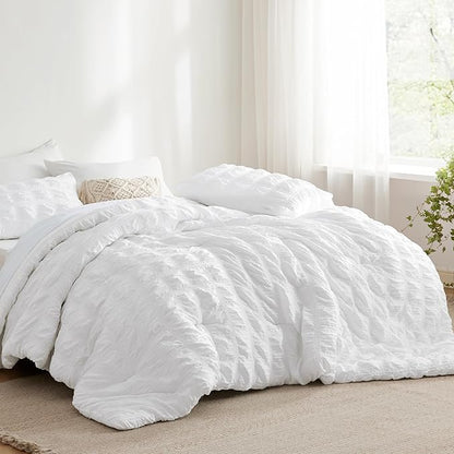 Bedsure Bed in a Bag Full - 7 Pieces Plaid Seersucker Bedding Comforter Sets, Soft Lightweight White Boho Bed Set with Comforters Full Size, Sheets, Pillowcases & Shams