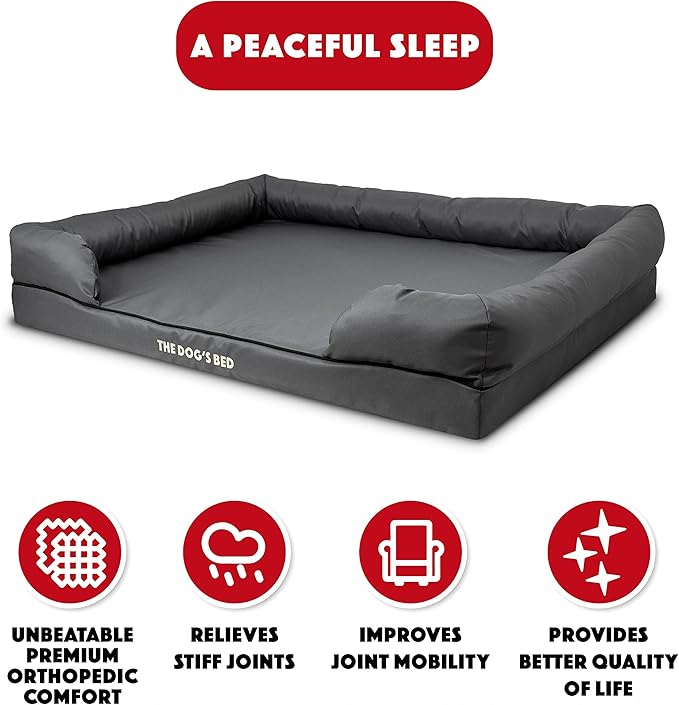 The Dog’s Bed Orthopedic Memory Foam Dog Bed with Bolsters, Oxford Fabric, Grey with Black Trim, XXL