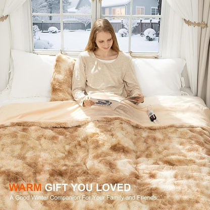 Faux Fur Electric Blanket Twin Size 62"X84" - Bubble Heated Blanket Fluffy Soft Fuzzy with 6 Fast Heating Levels & 10 hrs Timer Settings, Washable & ETL Certified for Office Bed, Tie-Dye Beige