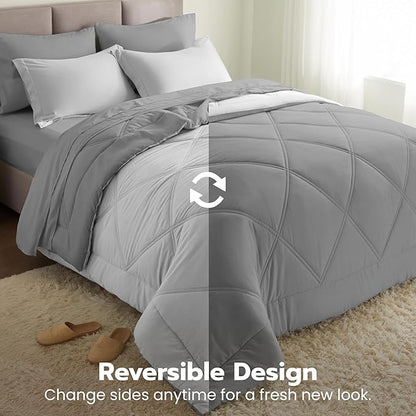 Joiedomi California King Comforter Set with Sheets Light Grey, 7 Pieces Bedding Set with 1 Down Alternative Comforter, 1 Flat Sheet, 1 Fitted Sheet, 2 Pillowcases and 2 Pillow Shams, Bed in a Bag