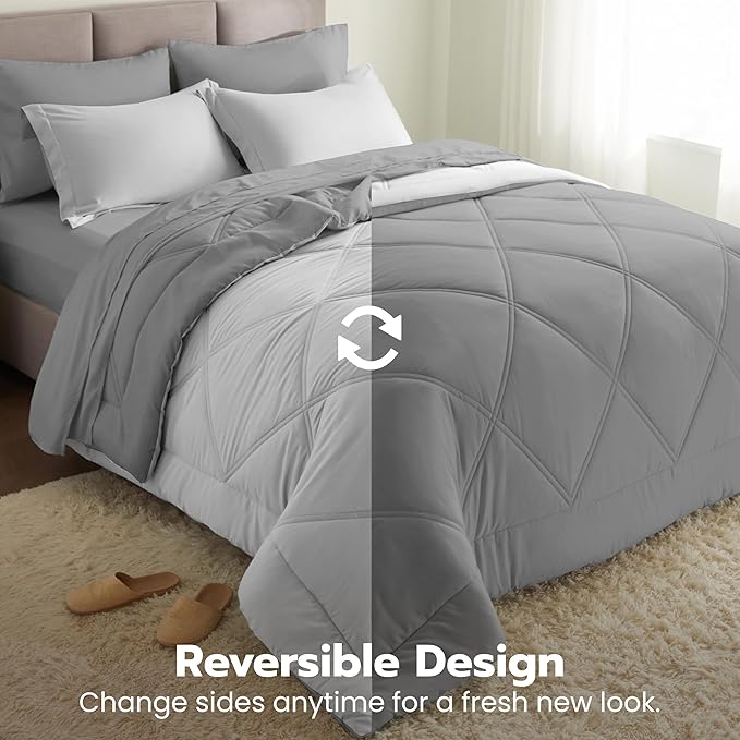 Joiedomi Queen Comforter Set with Sheets Light Grey, 7 Pieces Queen Bed Set with 1 Down Alternative Comforter, 1 Flat Sheet, 1 Fitted Sheet, 2 Pillowcases and 2 Pillow Shams, Bed in a Bag All Seasons