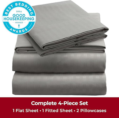 Mellanni Queen Sheets Set - 4 PC Iconic Collection Bedding - Hotel Luxury, Extra Soft, Cooling Bed Sheets - Wrinkle, Fade, Stain Resistant (Queen, Striped Gray/Silver)