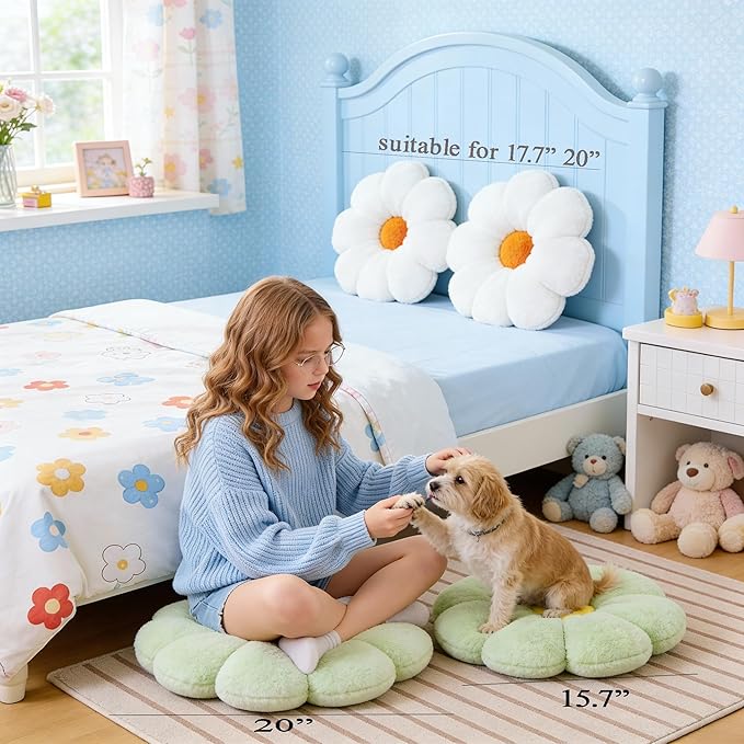 17.7" White Flower Pillow Decorative Throw Cushion – Plush Faux Rabbit Fur, Cute Girls Pillow for Bedroom & Dorm Decor