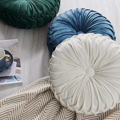 Round Throw Pillow Velvet Home Decoration Soft Pleated Pumpkin Round Floor Cushion for Couch Chair Bed Car Decorative (Blue14inch)