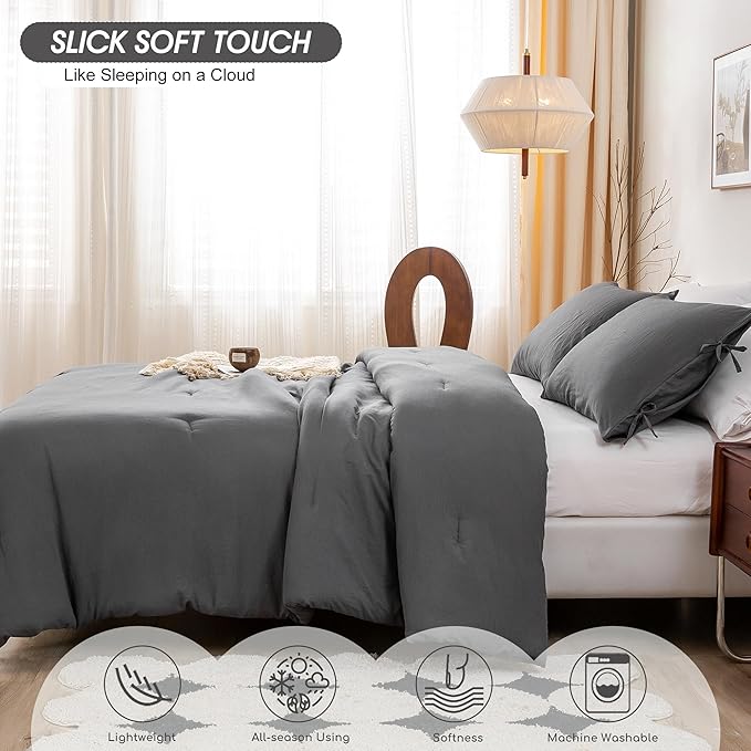 Softness Cal King Comforter Set - Cozy Polycotton Fabric - Fluffy Down Alternative Comforter California King Size with 2 Pillowcase - Lightweight but Warm Bed Blanket All Season - Dark Gray