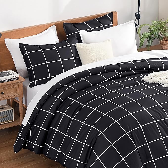 Andency Black Grid Comforter Set Twin(66x90Inch), 2 Pieces (1 Plaid Comforter and 1 Pillowcase) Black Plaid Comforter Set, Lightweight Microfiber Gingham Geometric Comforter Bedding Set