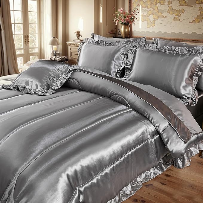 Satin Comforter Set with Sheet Set King 8 Pieces Silk Like Grey Bedding Silky Ruffle Pattern Luxury Silky Comforter Set with 1 Cushion Cover