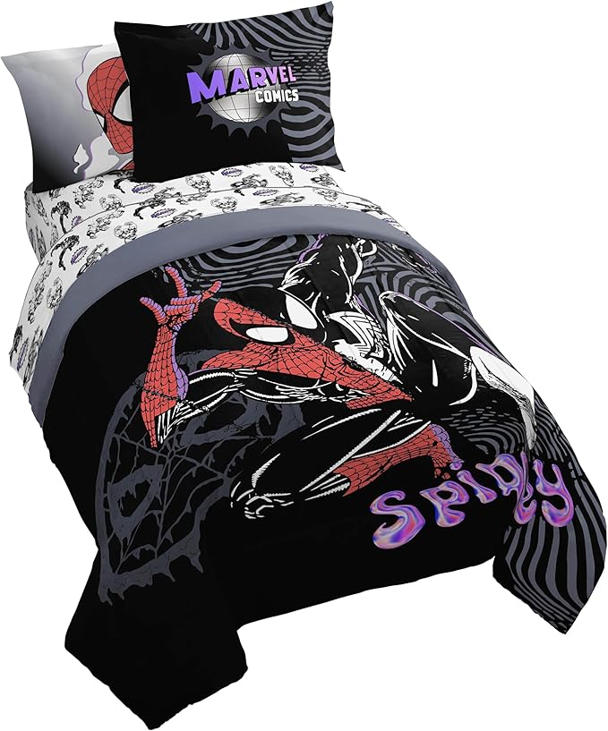 Jay Franco Kids Comforter Set Includes Sheets and Pillow Covers - Soft and Cozy Bed Set for Stylish Room Decor, Black - Marvel Comics, 5 Piece Twin Size Bedding
