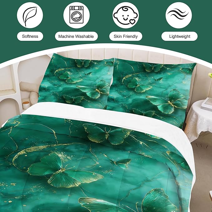 Marble Butterfly Emerald Bedding Set for Kids Adults Full Size Dark Green Marbled Comforter Set Modern Marbling Art Quilt Set Giltter Butterflies Bed Set with 1 Comforter + 2 Pillowcases