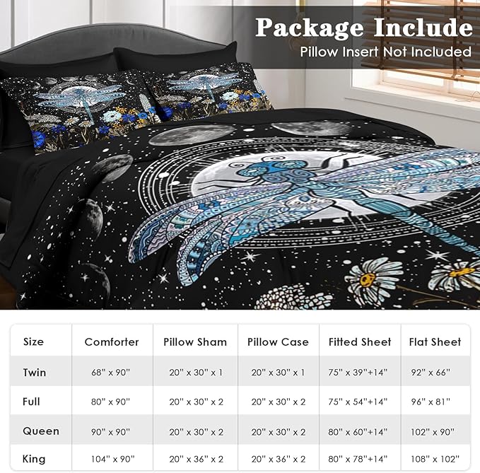 Comforter Set Twin Size, Dragonfly Flower Plant Bedding for Kids and Adults, Sun Moon Vintage Black Gold Bed Sheet Sets with Fitted Sheet Pillowcase & Sham for Bedroom Bed Decor