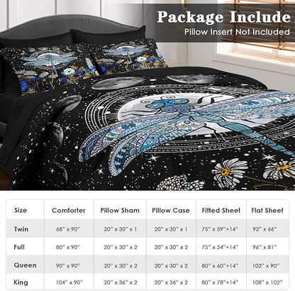 Comforter Set Twin Size, Dragonfly Flower Plant Bedding for Kids and Adults, Sun Moon Vintage Black Gold Bed Sheet Sets with Fitted Sheet Pillowcase & Sham for Bedroom Bed Decor