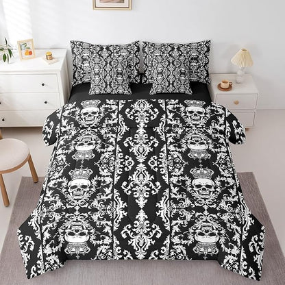 Erosebridal Gothic Skull Comforter Set 7 Piece Bed in a Bag Twin,Black White Damask Bohemian Vintage Flowers Bedding Set,Goth Skeleton Sheet Set,Exotic Boho Floral Crown Victorian Antique Decor