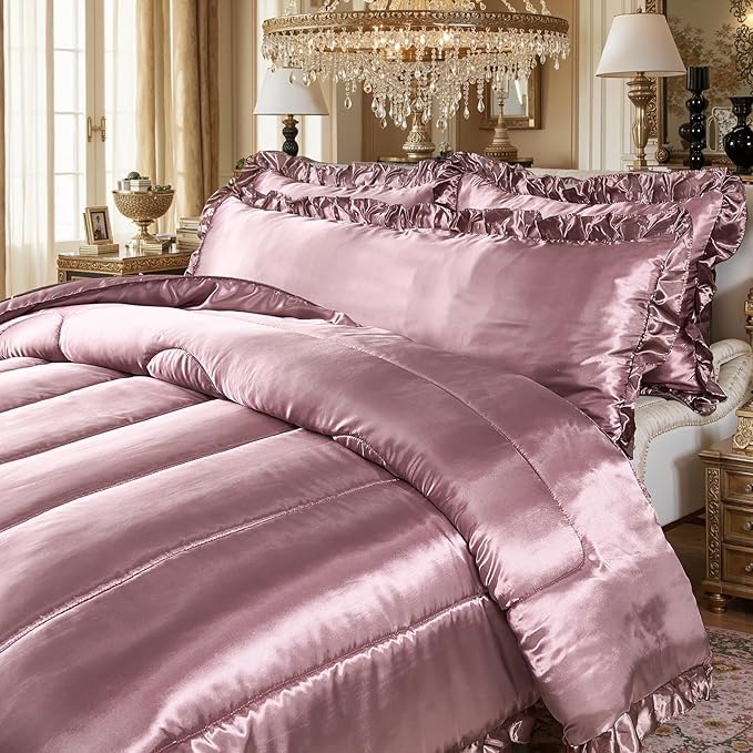 Satin King Comforter Set Silk Like Satin Bedding Set 4 Pcs Hotel Soft Polyester Blush Pink Bed Set Luxury Silky Body Pillow Cover Ruffle Down Comforter Home Decor