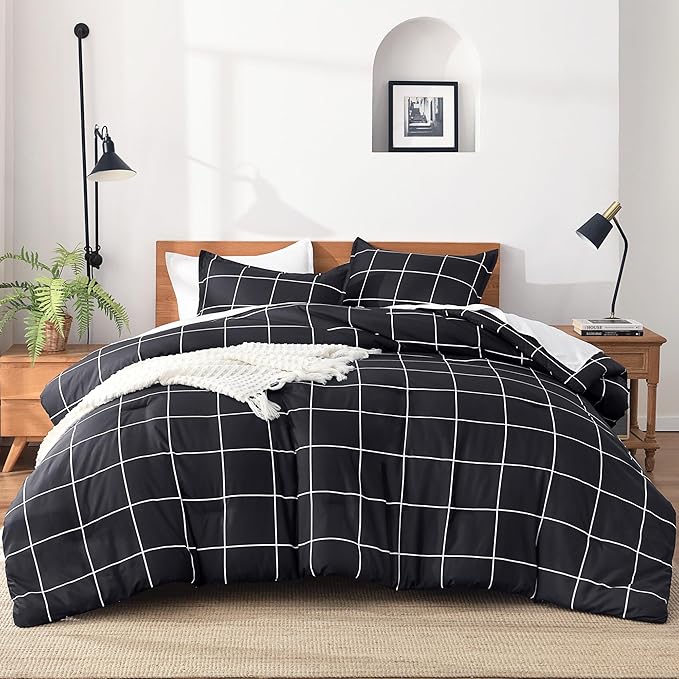 Andency Black Grid Comforter Set King(104x90Inch), 3 Pieces (1 Plaid Comforter and 2 Pillowcases) Black Plaid Comforter Set, Lightweight Microfiber Gingham Geometric Comforter Bedding Set