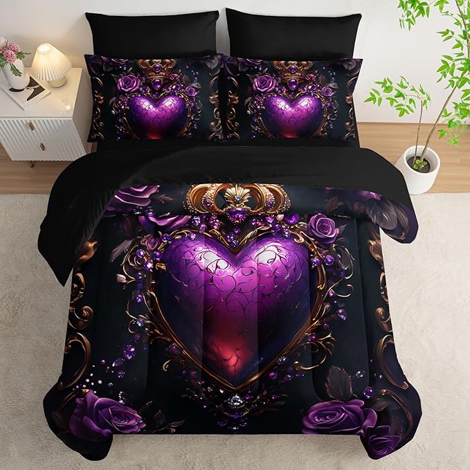 7 Piece Heart Comforter Set Full Purple，Flower Heart Pattern Full Bedding Set，(1 Comforter, 1 Flat Sheet, 1 Fitted Sheet, 2 Pillowcase and 2 Pillow Sham)