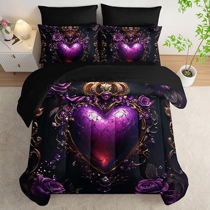 7 Piece Heart Comforter Set Full Purple，Flower Heart Pattern Full Bedding Set，(1 Comforter, 1 Flat Sheet, 1 Fitted Sheet, 2 Pillowcase and 2 Pillow Sham)