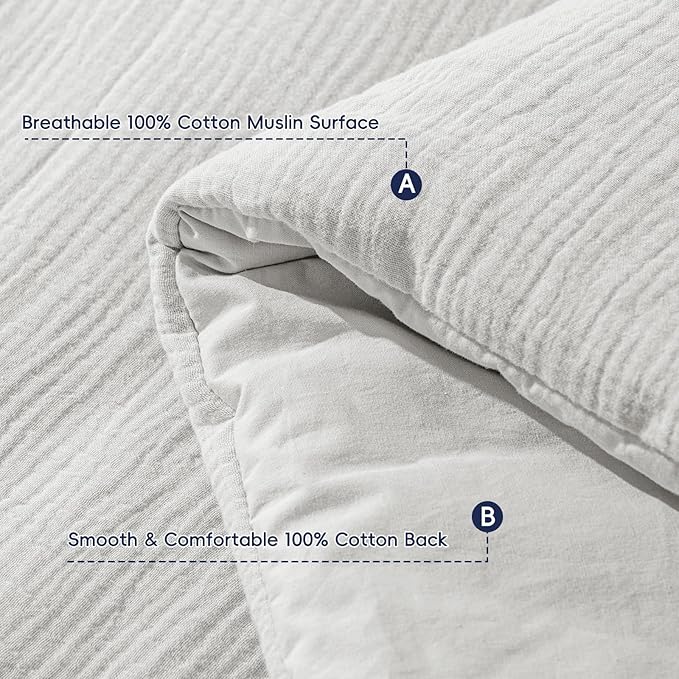 PHF Cotton Muslin Comforter Set King – 100% Cotton Cover, Ultra Soft & Breathable, 3PCS Lightweight All-Season Bedding with Polyester Fill, 1 Comforter 104"x90" & 2 Pillow Shams 20"x36", Light Grey