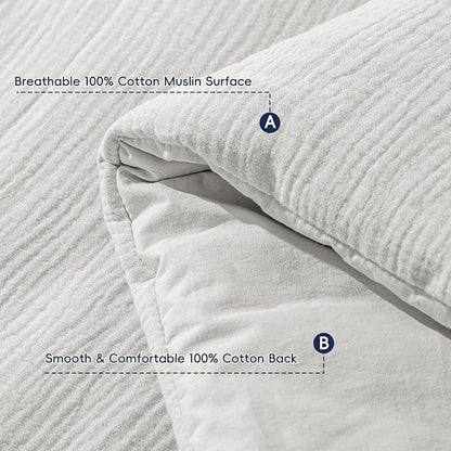 PHF Cotton Muslin Comforter Set King – 100% Cotton Cover, Ultra Soft & Breathable, 3PCS Lightweight All-Season Bedding with Polyester Fill, 1 Comforter 104"x90" & 2 Pillow Shams 20"x36", Light Grey