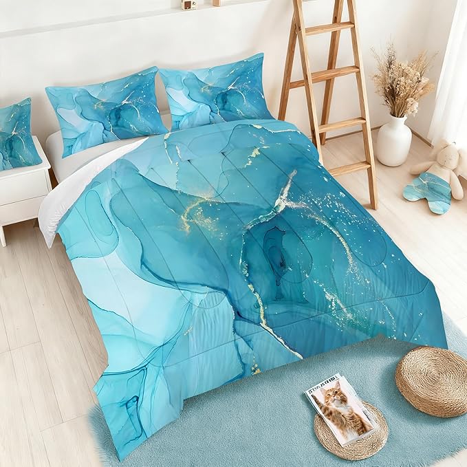 Blue Marble Comforter Set Kids Boys Girls Comforter Set Full Blue and Gold Marble Bedding Set for Men Women Bedroom Decor Abstract Bed Set with 1 Comforter & 2 Pillow Cases