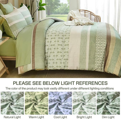 DJY Boho Comforter Set Queen Size,Sage Green Striped Bedding Sets,7 Pieces Bed in a Bag Patchwork Soft Microfiber Bedding Set for All Season(90"×90")