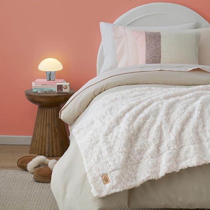 UGG Faux Fur Twin Blanket for Bed, Double-Sided Soft Blanket, Warm Large Throw for Couch, Washable Twin XL Bedding, Luxury Bedroom Decor, 66" x 90", Natural White (Adalee)