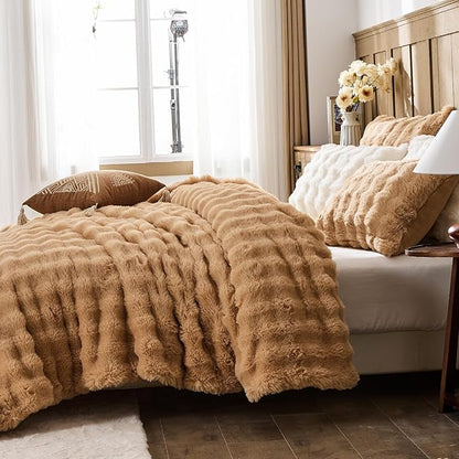 Lotus Karen Faux Fur Full Comforter Set – Brown Fluffy Comforter Full Size, Big Bubble Faux Rabbit Fur Bedding Comforter Sets, Winter Warm Cozy Fuzzy Bed Set 3 Pieces, 1 Comforter and 2 Pillowcases