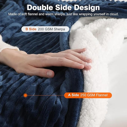 King Size Electric Blanket, Fast Heating Blanket with Dual Controls, 5 Heat Settings, 10-Hour Auto Off, Striped Flannel & Sherpa, FCC/ETL Certified, 90''x100'' Navy Blue