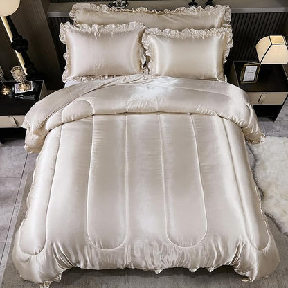 Satin Queen Comforter Set Silk Like Satin Bedding Set Hotel Soft Polyester Beige Bed Set Luxury Silky Pillow Cover with Quilt Set Ruffle Down Comforter Home Decor