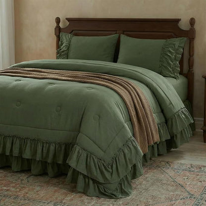 Olive Green Comforter Set King Boho Bedding Set Shabby Chic 2 Layers Ruffled Bedroom Home Decor Ultra Soft Microfiber Farmhouse Down Comforter Bohemian Quilt Set