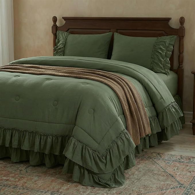 Olive Green Comforter Set Queen Boho Bedding Set Shabby Chic 2 Layers Ruffled Bedroom Home Decor Ultra Soft Microfiber Farmhouse Down Comforter Bohemian Quilt Set