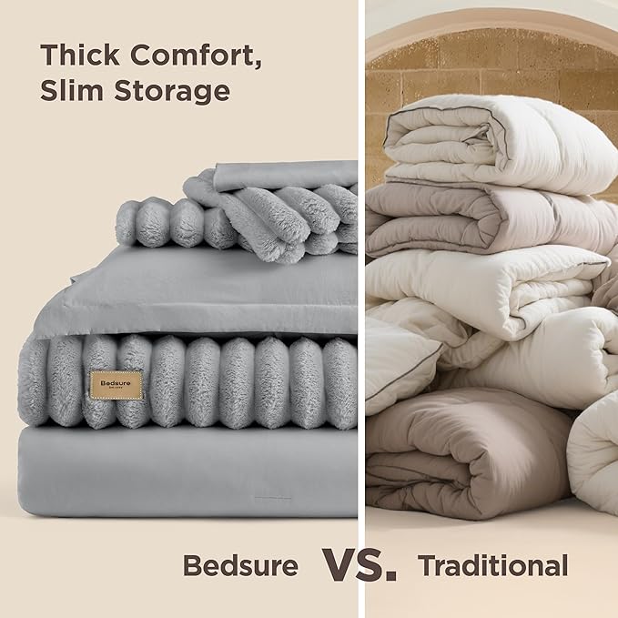 Bedsure Gentlesoft™ 2-in-1 Twin Comforter Set and Detachable Fluffy Blanket, Grey Bedding Set for All Season Use, SnapTech Design for Space Saving (Includes 1 Pillow Sham, 1 Pillowcase)