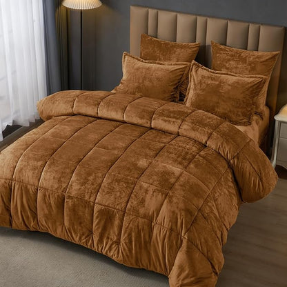 PHF Double-Sided Velvet Comforter Set King Size, 5 Piece Soft Luxury Winter Warm Bedding Sets, Modern Bed in A Bag Including 1 Cozy Comforter, 2 Pillow Shams, 2 Euro Shams for Home Decor, Camel