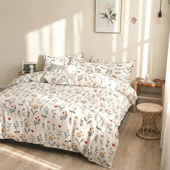 100% Cotton Comforter Queen Size Red and Yellow Floral Bedding Set Reversible Botanical Comforter Set 3 Pcs Cottagecore Soft Breathable Bedding Sets for All Season