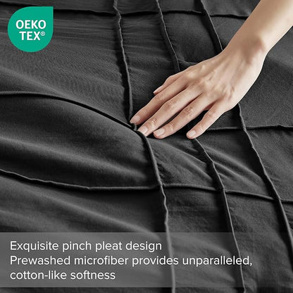 Comfort Spaces Black Queen Size Comforter Set - 3 Pieces Pintuck Pleated Bedding Sets Queen, All Season Lightweight, Extra Softness Pre-Washed Microfiber Queen Bed Set, Shams, Full/Queen