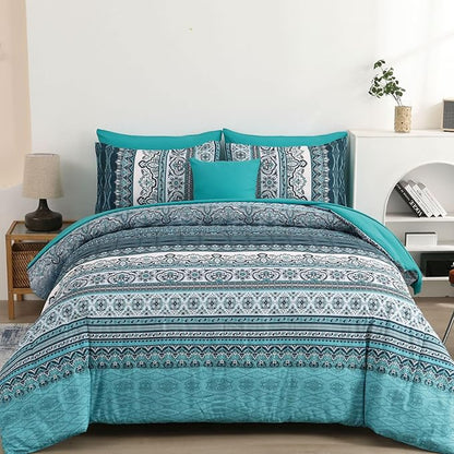 Cottolester Boho King Size Comforter Set 8 Pieces, Teal Comforter Bohemian Striped Bed in A Bag, Soft Microfiber Bedding Set for All Seasons