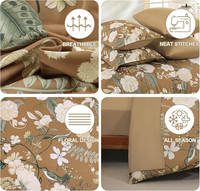 Anibedding 7Pieces Floral Queen Size Comforter Set, Garden Plant Style Bed in a Bag Brown White Flower Bedding Comforter Set with Pillow Case for Bedroom