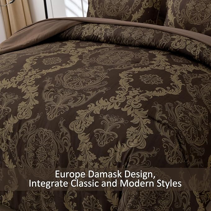 WONGS BEDDING Damask Comforter Set King Size, Coffee Gold Texture Design 7 Pcs Bed in a Bag Microfiber Comforter Bedding Sets -1 Comforter, 1 Flat Sheet, 1 Fitted Sheet, 2 Pillow Shams,2 Pillowcases