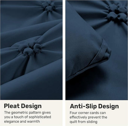 UNIKOME Queen Comforter Set Navy/Royal Blue - Ultra Soft Boho Pintuck Down Alternative Bedding Set for All Seasons, 3 Pieces Lightweight Warm Pinch Pleat Bed Set with Comforter, 2 Pillowcases