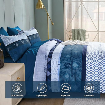 Xruibed Blue King Comforter Set 7 Pieces, Blue Boho Striped Bed in a Bag King Size Soft Microfiber All Season Bedding Set with Comforter, Sheets, Pillowcases & Shams(104"×90")