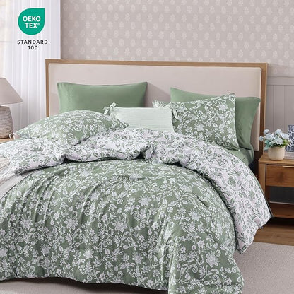 Twin XL Comforter Set -5 Pieces Floral Grey Green Bedding Set for All Seasons, Bed in a Bag with Botanical Flowers Comforter, Sheets, Pillowcase & Sham