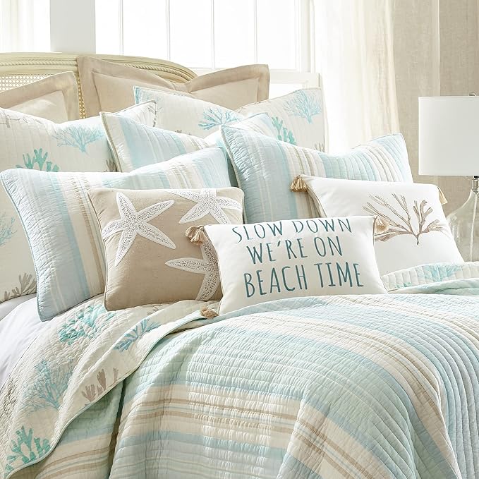 Levtex Home - Stone Harbor Twin/Twin XL Quilt - Striped Coastal - Light Blue, Taupe, & Cream - Quilt Size 68x86in. and One Sham Size 20x26 - Reversible - Cotton Fabric