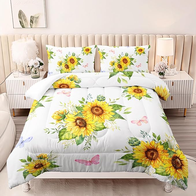 Sunflower Comforter Sets,Floral Botanical 3-Pieces Microfiber Bedding Quilt for Girls Teens,Decorative Bedding Comforter Sets with 2 Pillow Shams, Twin Size