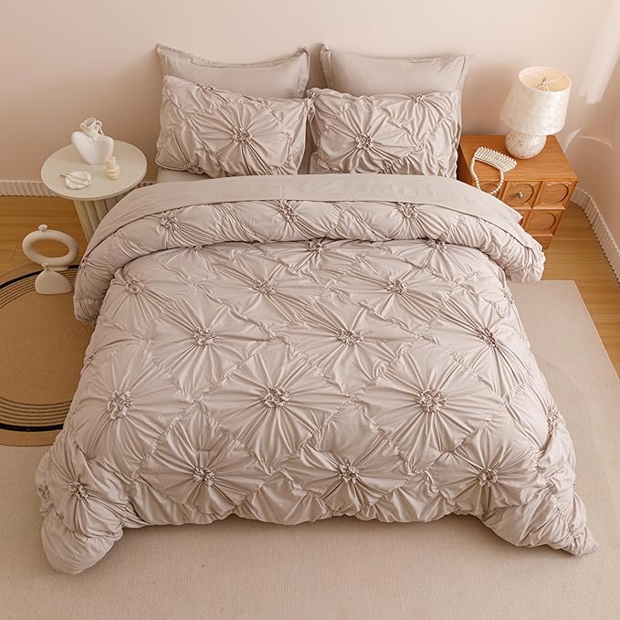 Khaki Full Comforter Set - 7 Pieces Bed in a Bag, Premium Comforters Full Size Bed Set Pintuck Pinch Pleat Complete Comforter Set with Flat Sheet, Fitted Sheet and Pillowcases,Khaki