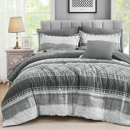 WONGS BEDDING 8 Piece King Size Comforter Set, Texture Striped Bed in a Bag Grey Comforter and Sheet Set, Boho Lightweight Microfiber Bedding Set for All Season (90"×104")
