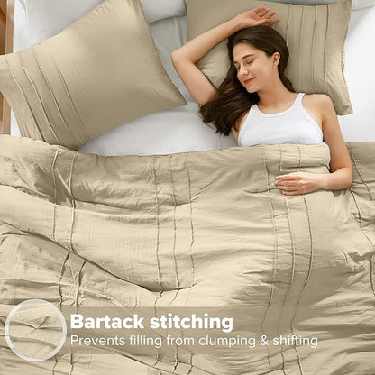 Comfort Spaces Khaki King Size Comforter Set - 3 Pieces Pintuck Pleated Bedding Sets, All Season Lightweight, Extra Softness Pre-Washed Microfiber King Bed Set, Shams, King