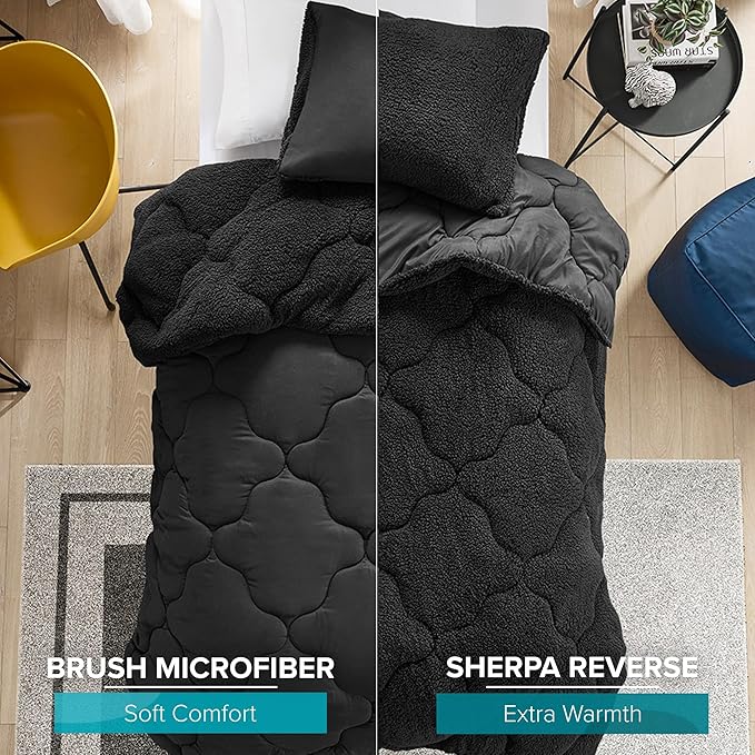 Comfort Spaces Comforter Set, Chic Reversible Quatrefoil Quilting, Sherpa Comforters Twin, All Seasons, Lightweight Microfiber Bedding Set Matching Sham, Vixie, Twin/Twin XL Black/Black 2 Piece