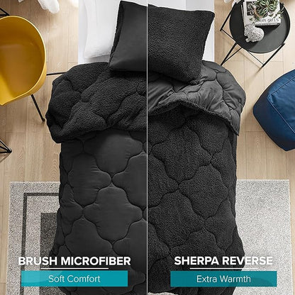 Comfort Spaces Comforter Set, Chic Reversible Quatrefoil Quilting, Sherpa Comforters Twin, All Seasons, Lightweight Microfiber Bedding Set Matching Sham, Vixie, Twin/Twin XL Black/Black 2 Piece